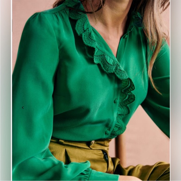 Sezane Green Ruffled Silk Long Sleeve Blouse - Picture 1 of 13